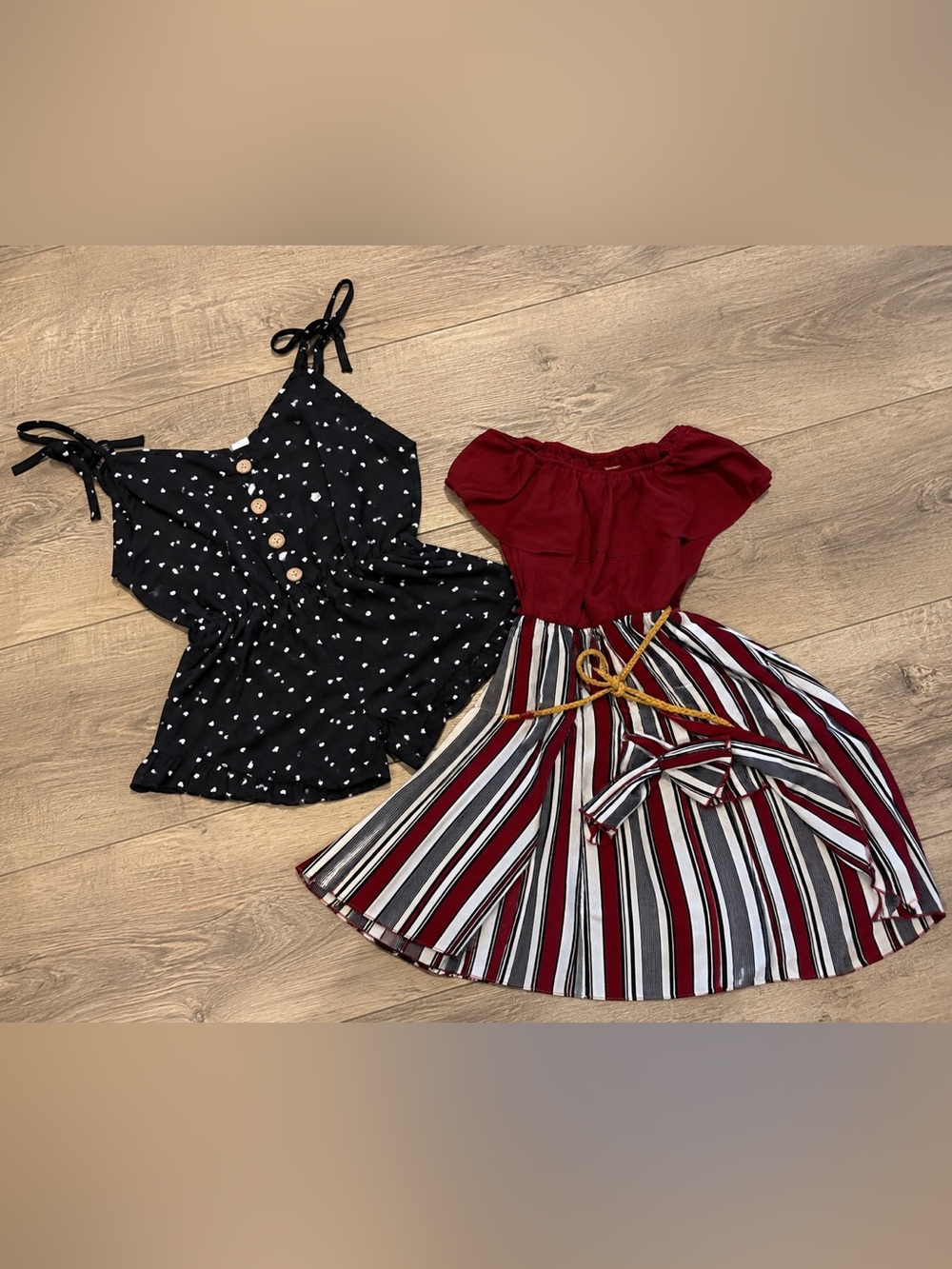 Black Polka Button & Burgundy Striped Romper Set - Girl Size 10